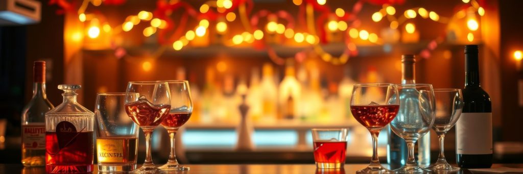 two crystal clear glasses neatly positioned under a bottle of alcohol in the center of the frame, bar, frame