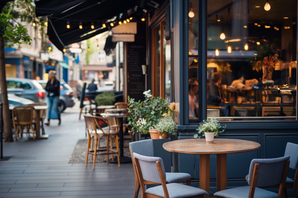 cozy outdoor cafe with table and chairs on a city street in the evening. urban restaurant setting with comfortable seating and a relaxed ambiance, perfect for dining or enjoying coffee