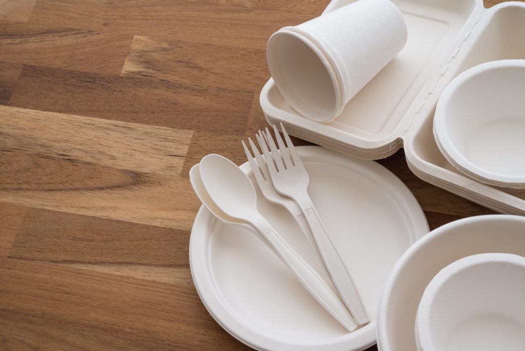 natural eco friendly disposable utensils (fork, spoon, dish plate, bowl, cup and fast food box container) made of fiber of bagasse and bamboo on wooden table background with copy space. save the earth